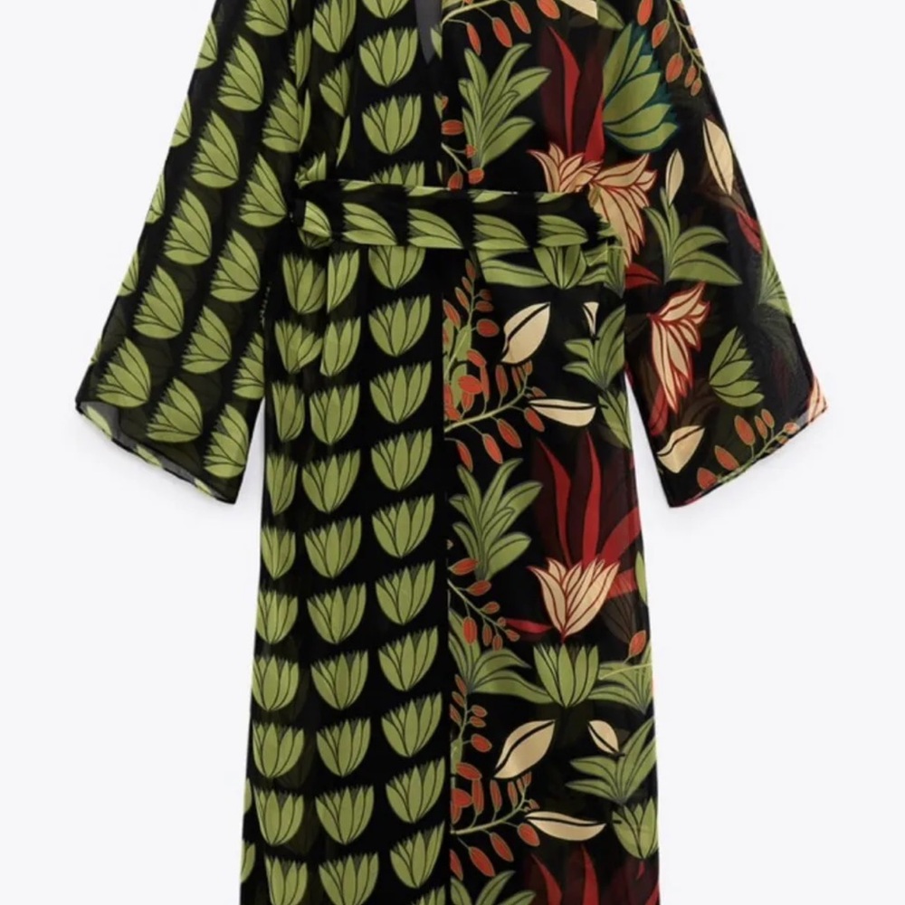 Zara Woman Long Loose-Fitting Shirt Dress With Belt Green - Picture 4 of 5